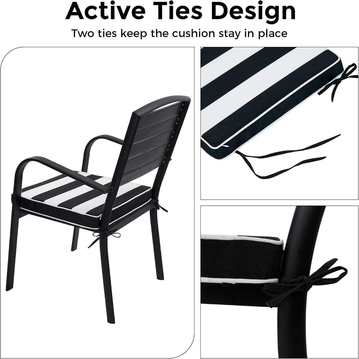 Patio Chair Cushion 18"x18"x2.5" for Patio Furniture, 2 Pack, Indoor/Outdoor Waterproof Square Corner Seat Cushion with Ties, Chair Pads for Garden Dining Office Sofa-Black White Stripe