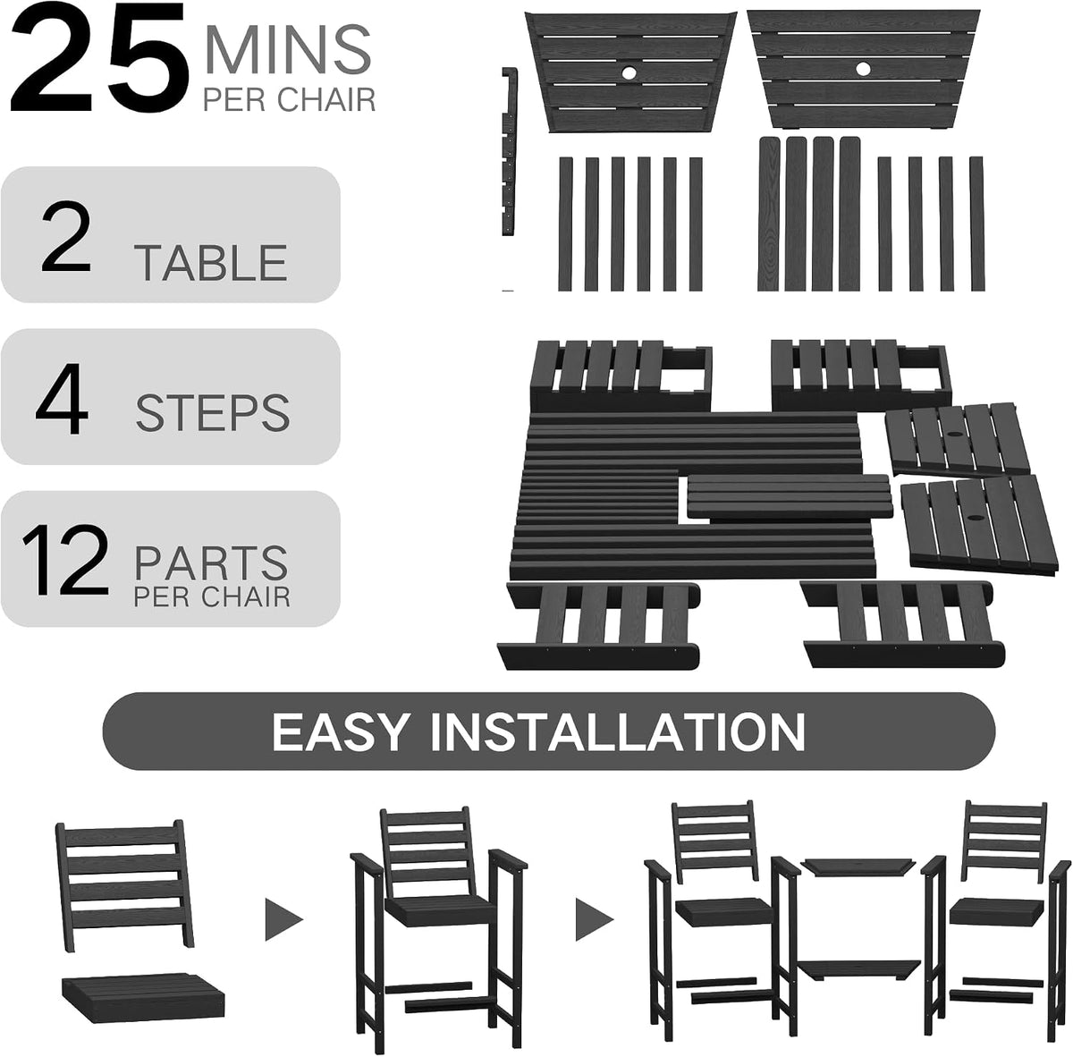 GLANC Tall Adirondack Chairs Set of 2, All Weather HDPE Bar Height Balcony Adirondack Chair with Removable Connecting Trays, Outdoor Adirondack Barstools for Deck Patio Pool Lawn, Black