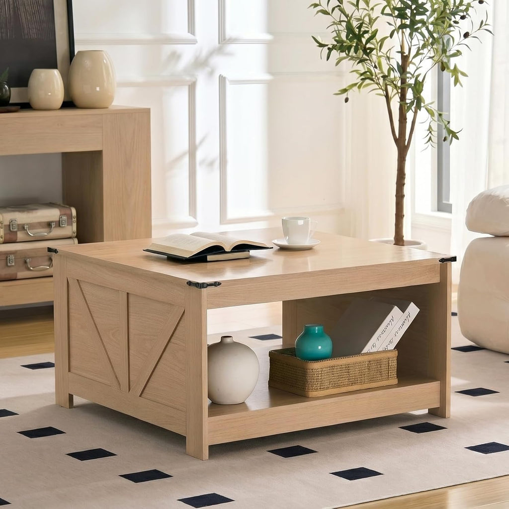 OKYCI Farmhouse Coffee Table for Living Room, Wood Square Coffee Tables, 31.5" D x 31.5" W, Natural Oak