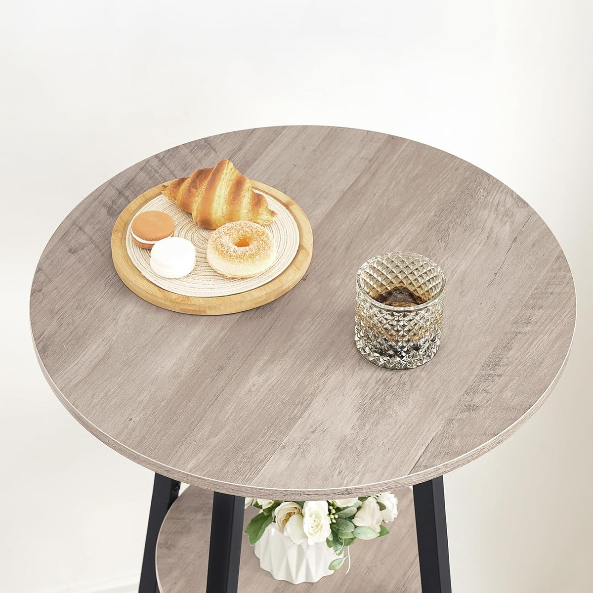 HOOBRO Bar Table, Round Pub Table, 2-Tier Bistro Table with Storage, for Small Spaces, with Top Particleboard for Kitchen, Easy to Assemble, Greige BG55BT01