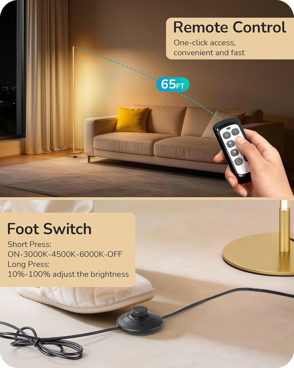 EDISHINE 59.8" Corner Lamp with Remote & 3 Height Settings, Dimmable & 3CCT