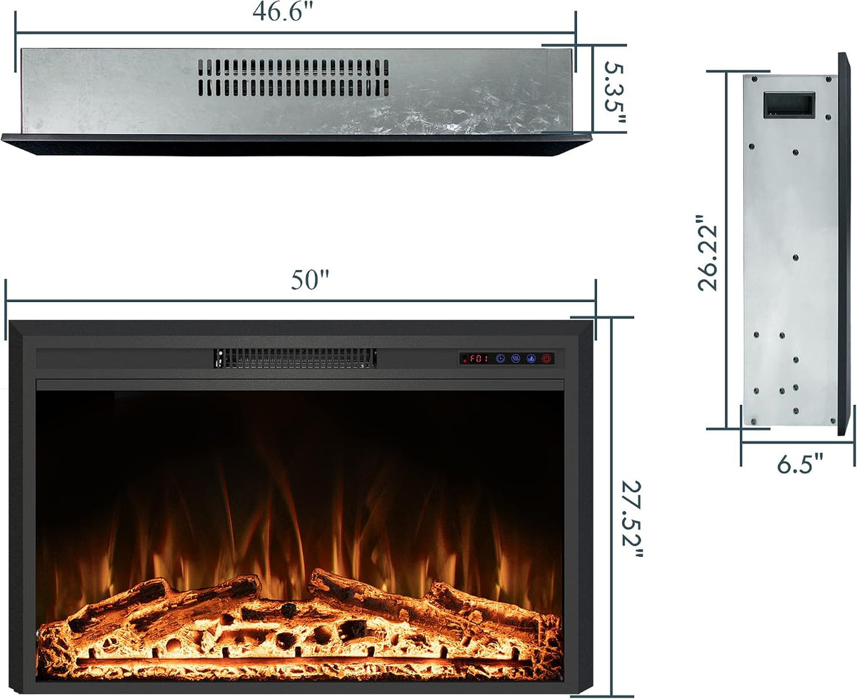 50" Width Electric Fireplace Inserts with Adjustable Flame Colors, Fireplace Heater with Touch Screen & Remote Control, Recessed in Wall, 750/1500W, Timer