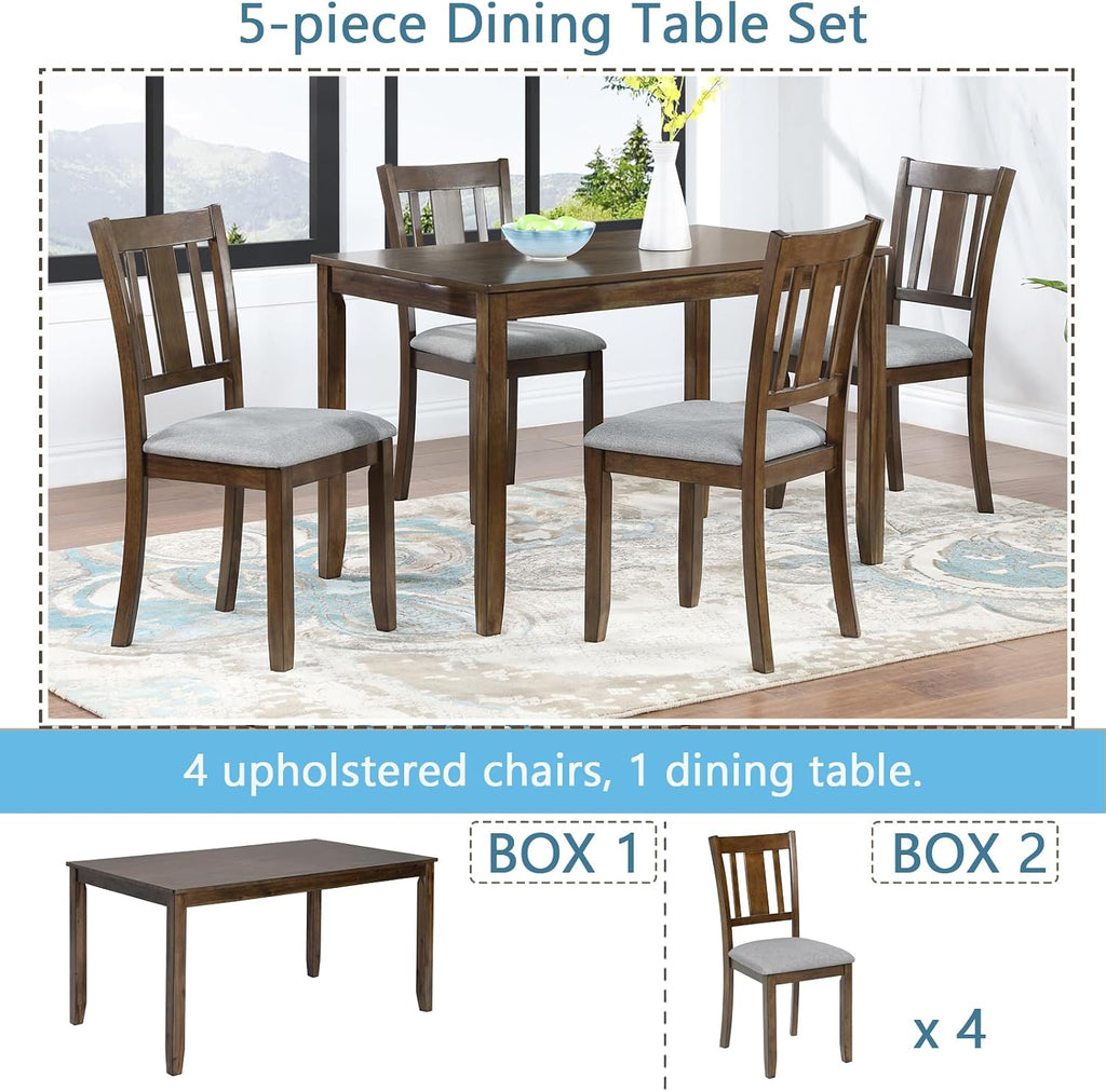 RuiSiSi Farmhouse 5 Piece Dining Table Set for 4, Solid Wood Rustic Kitchen Table with 4 Upholstered Chairs, Wood 5 Piece Dinette Table Set for Dining Room, Living Room, Kitchen, Walnut