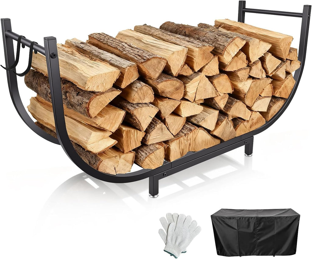 35’’ Firewood Rack Outdoor w Thicken Cover, Curved Metal Wood Rack Indoor