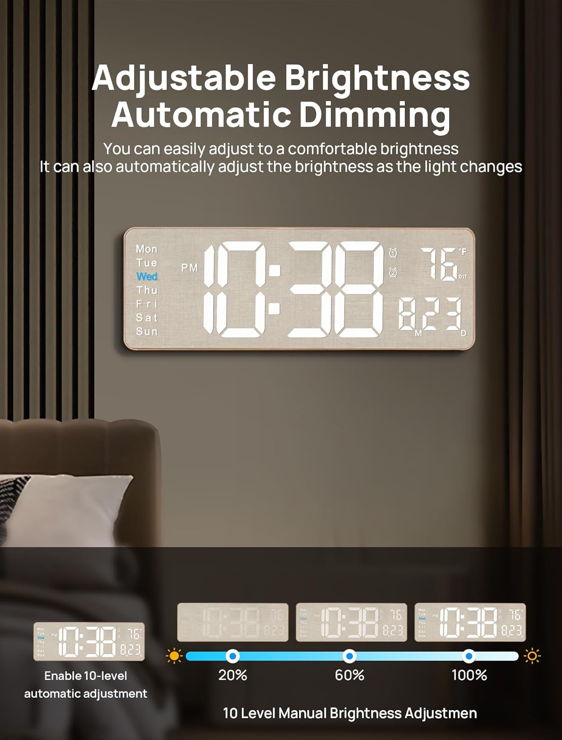 MASHI 2026 Upgrade Digital Wall Clock, 16" Large Display Digital Clock with Remote Control, Auto-Dimming Wall Clock with Night Light, DST, Date Week,Temp for Living Room, Gift for Elderly (Beige)