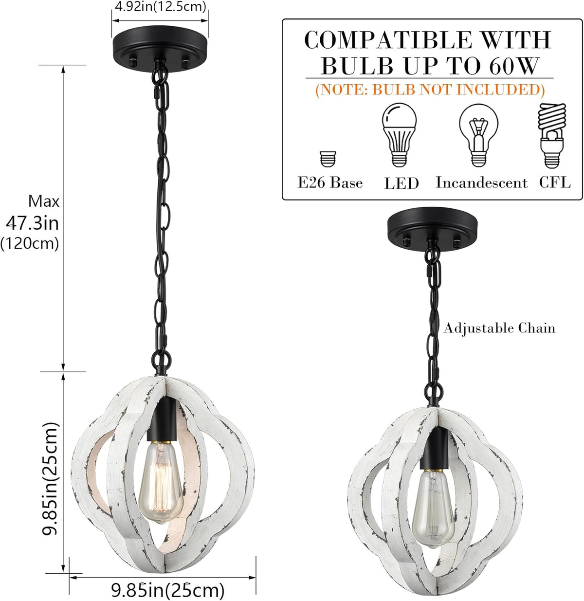 samteen farmhouse wood pendant light with adjustable chain showing dimensions