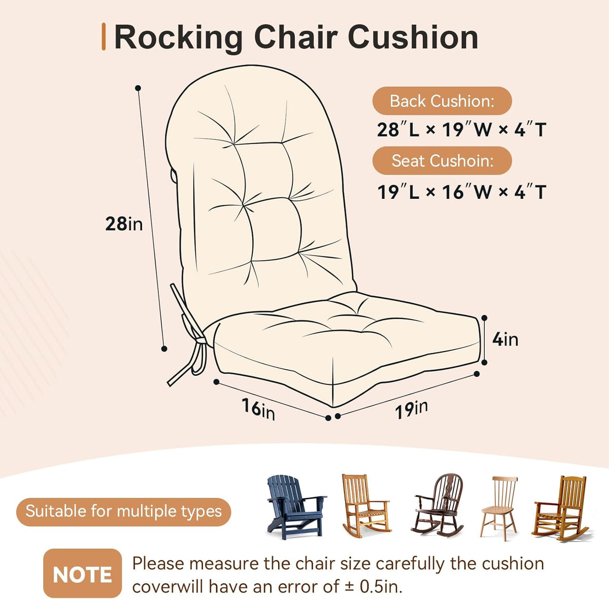 Rocking Chair Cushion 44x19, Plush 4 Inch Thick Velvet Replacement Cushion, Non-Slip with Ties, Machine Washable Tufted Chair Pad for Indoor Glider & Adirondack Rocker, Oyster White