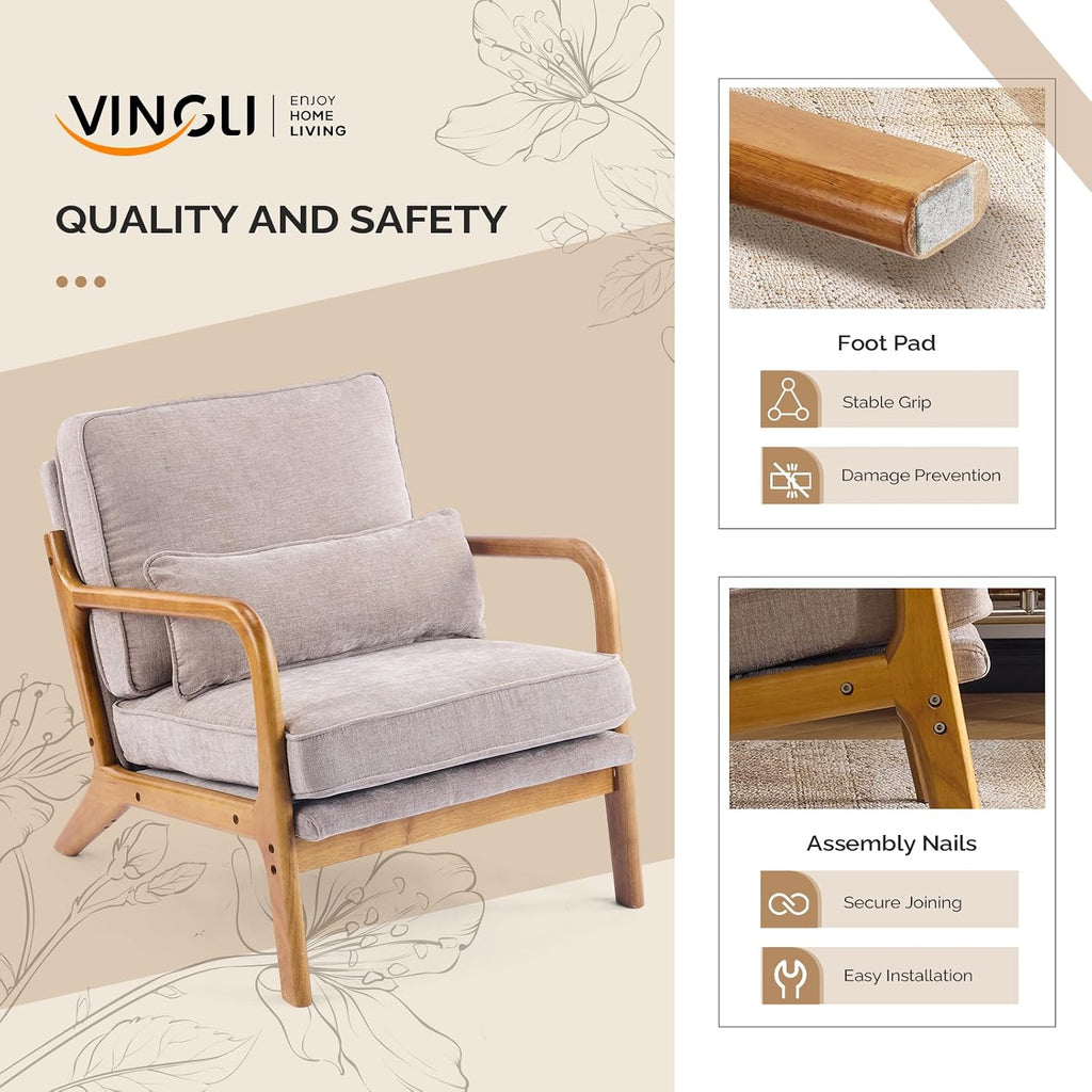 VINGLI Chenille Mid-Century Modern Accent Chair, Cute Reading Arm Chair with Cushion & Lumbar Pillow & Solid Wood Frame for Lounge, Living Room, Reading Room, Bedroom, Light Khaki