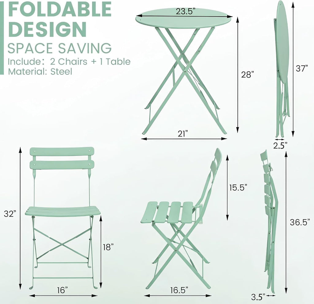 Kromax Outdoor 3Piece Patio Bistro Set,Folding Bistro Table and Chair,Green