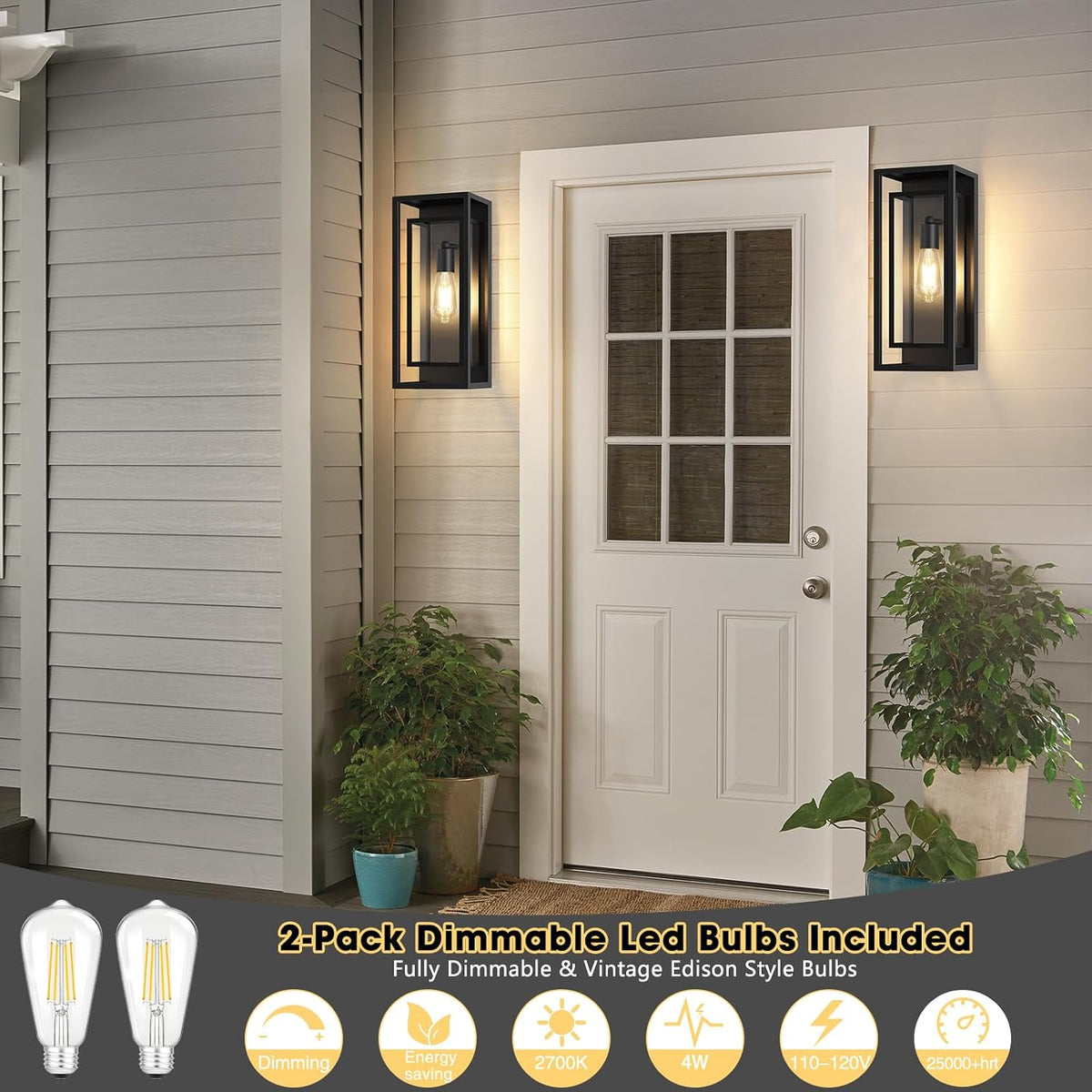 16.5'' Large Outdoor Porch Wall Lanterns, 2 Pack Matte Black Exterior Outdoor Lights with Clear Glass Shade, Modern Wterproof Light Fixtures for Front Door, Patio, Garage, LED Bulb Included