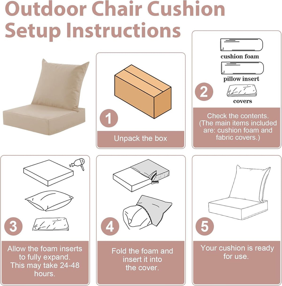Outdoor Deep Seat Cushion Set, 24x24 Inch, Beige, Set of 1