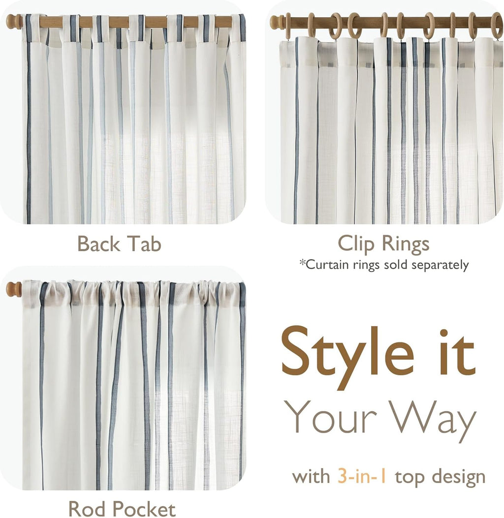 Vangao Striped Curtains Blue on White Semi Sheer Curtains 96 Inches Long