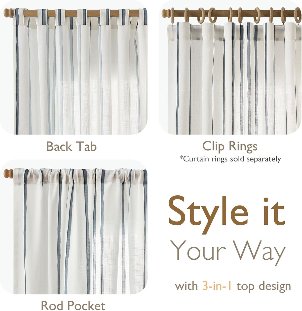 Vangao Striped Curtains Blue on White Semi Sheer Curtains 96 Inches Long