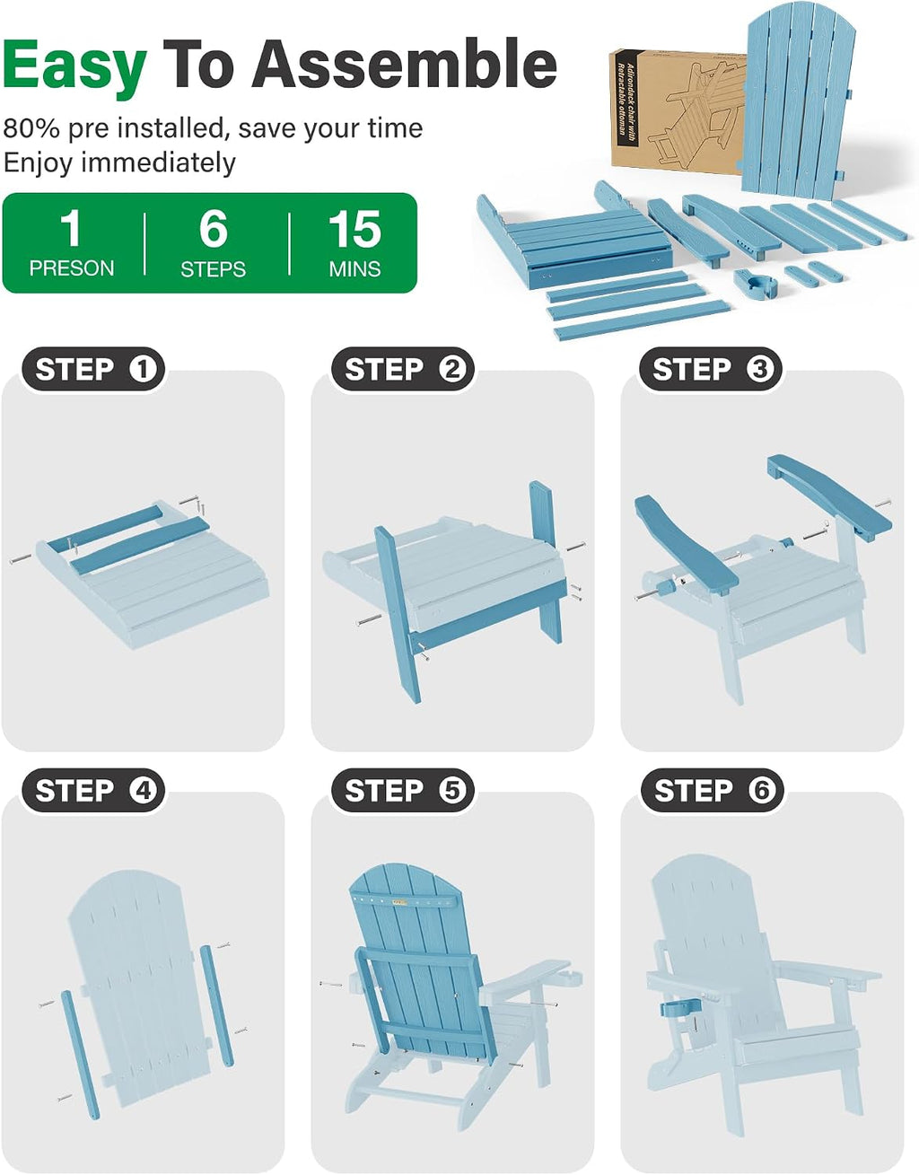 YEFU Adjustable Adirondack Chair with Footrest,All-Weather, Set of 2,Blue