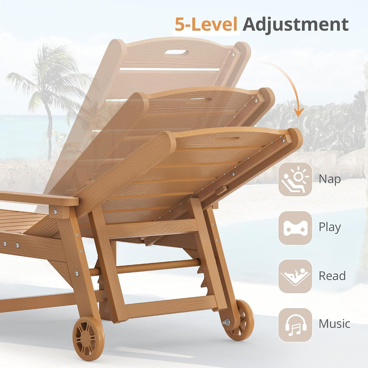 LUE BONA Outdoor Chaise Lounge, 5‑Position, Teak Color