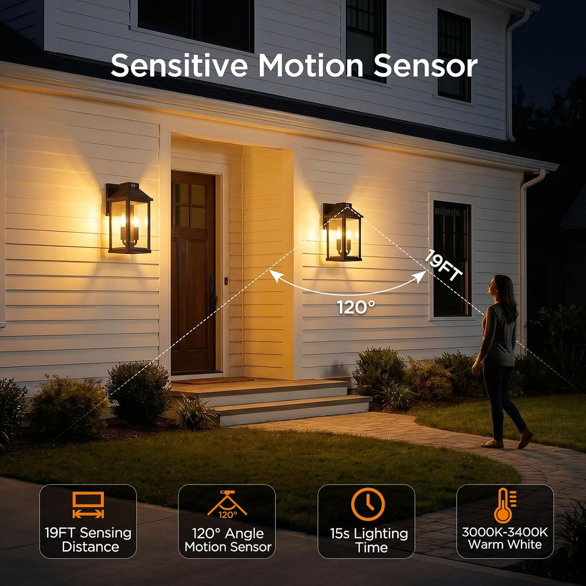 ropelux Solar Lights Outdoor Waterproof, 3 Modes Porch Lights, Motion Sensor Outside Light for House, Outdoor Wall Lights Lantern, Exterior Lighting Fixtures for Garden Patio Fence Yard Garage, 2Pack