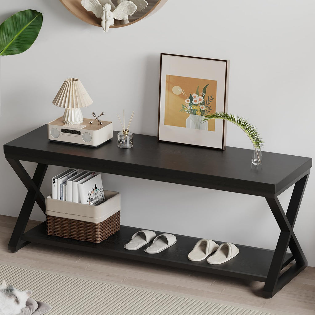 IBF Rustic Entryway Bench with Storage, Black Wood and Metal Bench