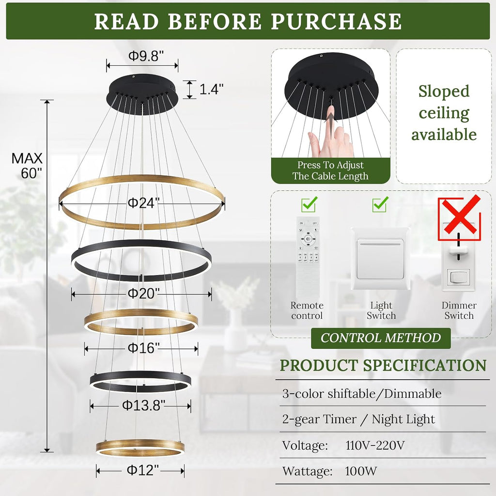 LED 5 Ring Chandelier Modern Vintage Black Gold Chandeliers Dimmable