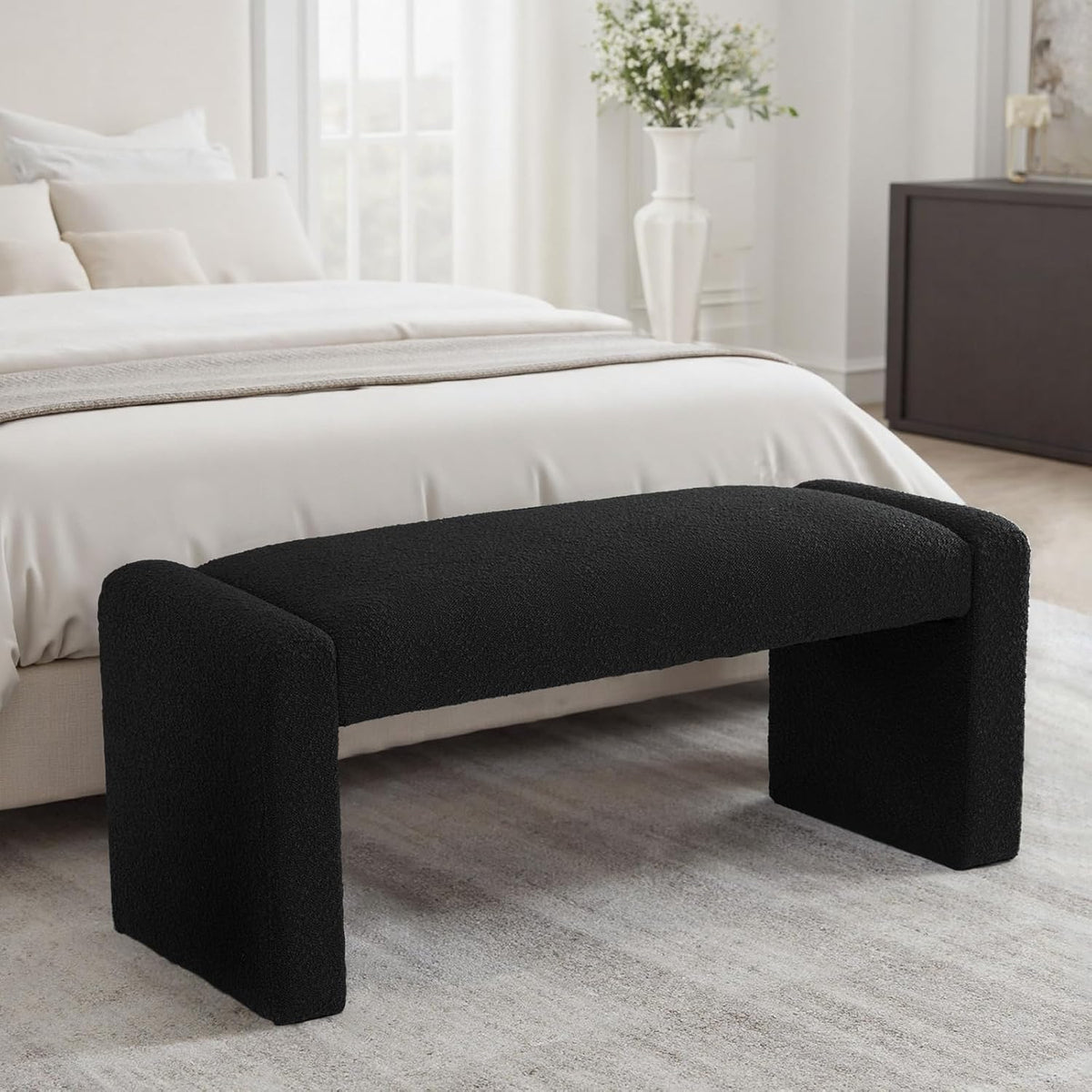 SIMTONAL Black Entryway Bench with Wood Frame, 47" Boucle Upholstered Bench