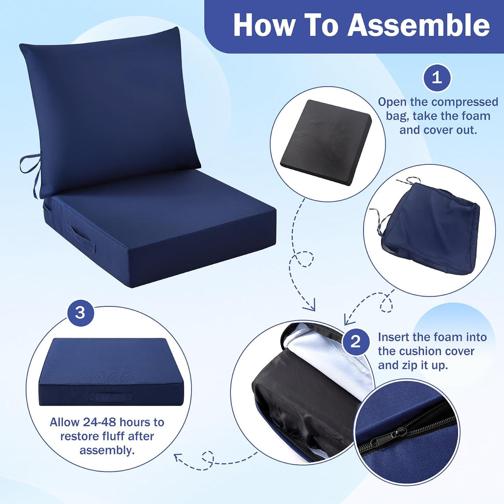 Outdoor Chair Cushions, 24 x 24 Inch Outdoor Cushion for Patio Furniture, Patio Chair Cushion, Waterproof & Fade Resistant Deep Patio Furniture Cushions Set with Handle and Ties, Navy Blue (Set of 4)