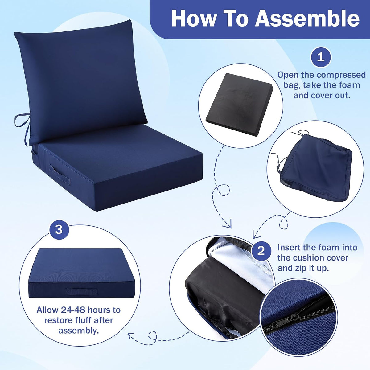 Outdoor Chair Cushions, 24 x 24 Inch Outdoor Cushion for Patio Furniture, Patio Chair Cushion, Waterproof & Fade Resistant Deep Patio Furniture Cushions Set with Handle and Ties, Navy Blue (Set of 4)