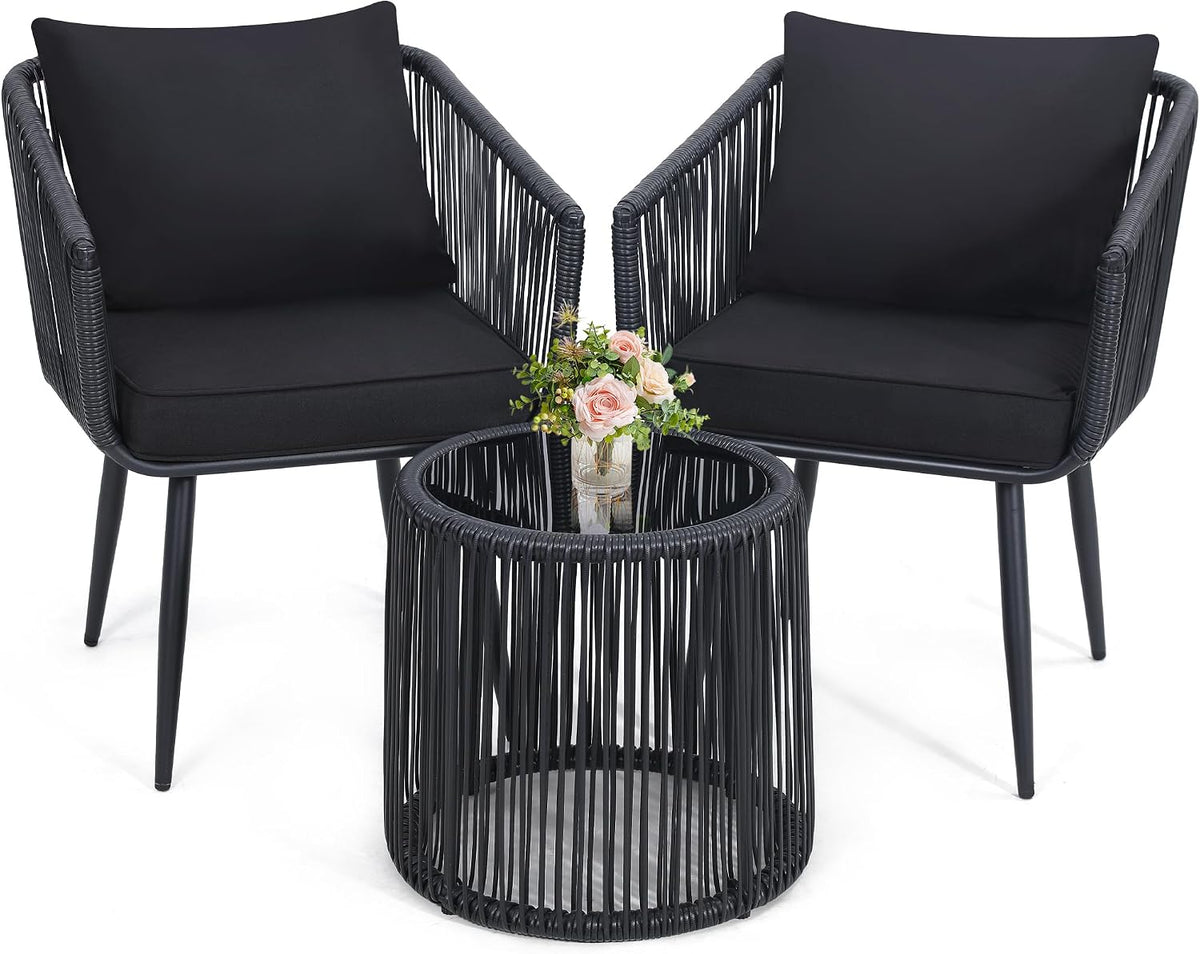Kromax 3-Piece Patio Rattan Bistro Conversation Set, Black