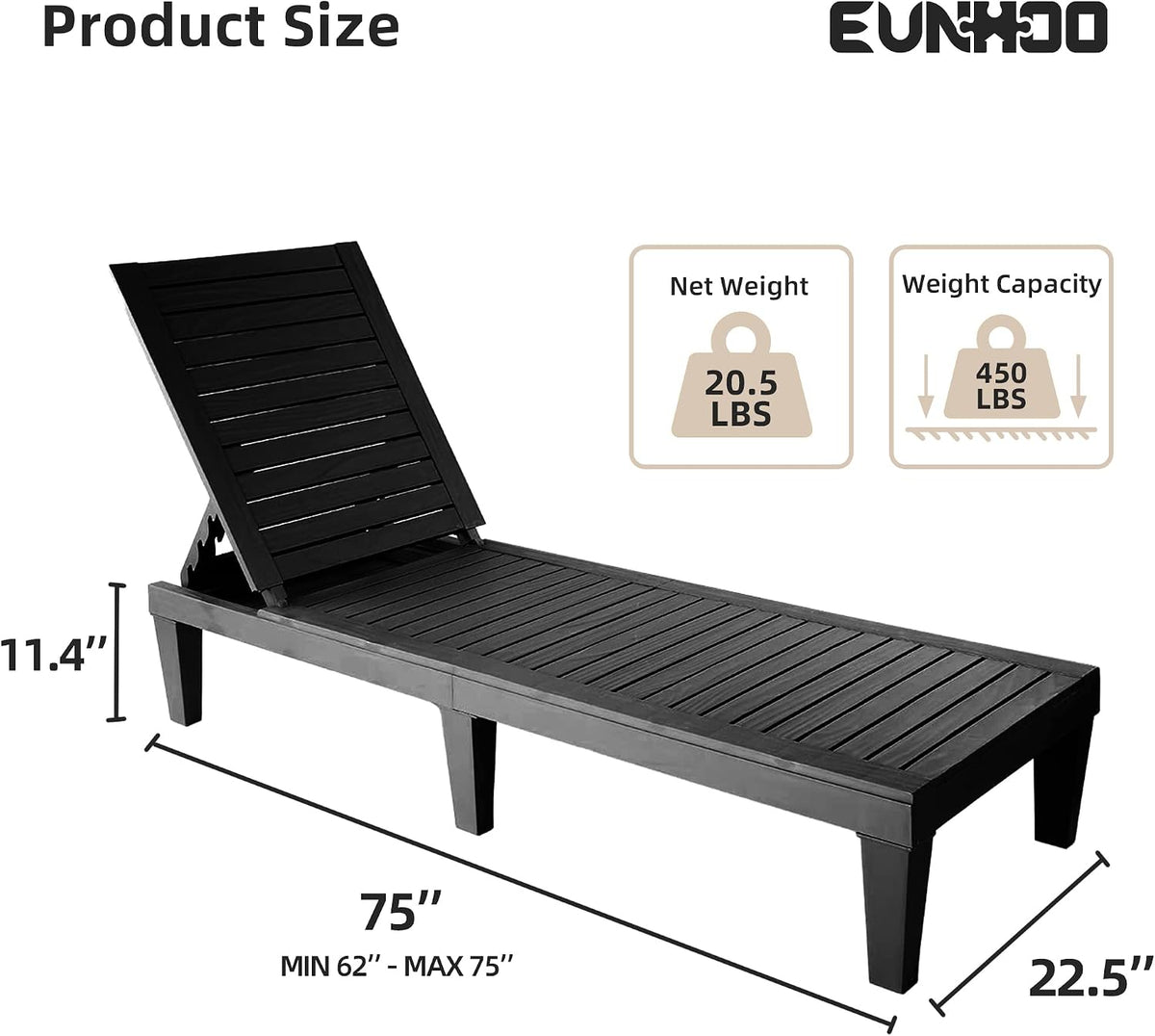 EUNHOO Chaise Lounge Outdoor Set of 4,Adjustable Pool Lounge Chair with 5 Positions Backrest, Waterproof Sun Loungers for Garden Pool Beach Patio Deck Sunbathing.Black