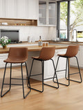 REONEY Bar Stool Set of 3, 26" Urban Faux Leather Counter Stool, Dark Brown