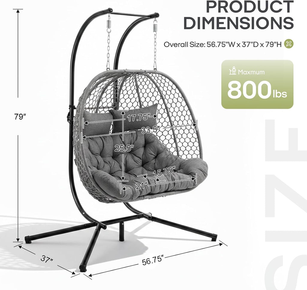 Double Egg Chair with Stand for 2 Persons, Oversized Patio Hanging Basket Chair, Honeycomb Wicker Swing Chair with Thick Cushions & Headrests, 800LBS Heavy Duty Indoor Outdoor, Light Grey