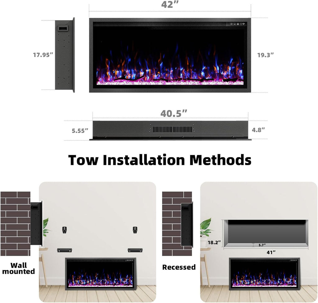 Kucreiheat 42 Inch Electric Fireplace Aluminum Frame-Ultra Silm Fireplace Recessed/Wall Mount, Log, Driftwood & Crystal Option, Wall Fireplace Electric w/Remote Control, Thermostat, Timer, 750w/1500w