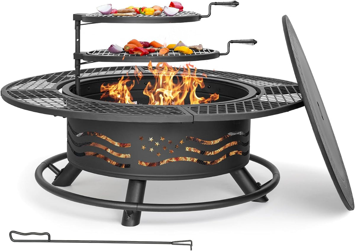 Panovue 47 Inch Fire Pit with 2 Cooking Grates and Table Lid