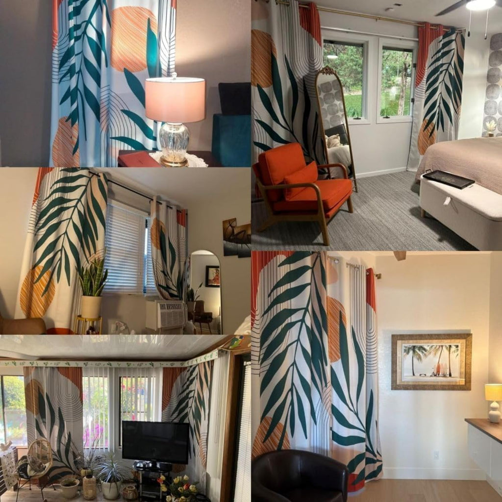 Mid Century Modern Boho Blackout Curtains, Leaf Print Drapes, 2 Panels