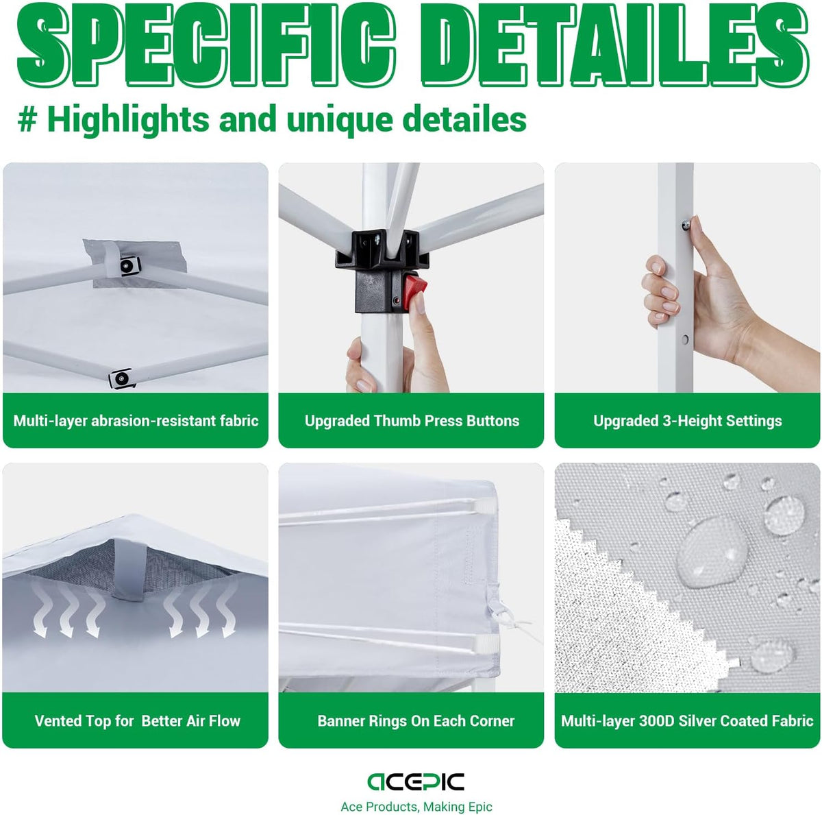 Acepic 8x8 Pop Up Canopy Tent, Vented Top Portable Shelter, White, 8 * 8