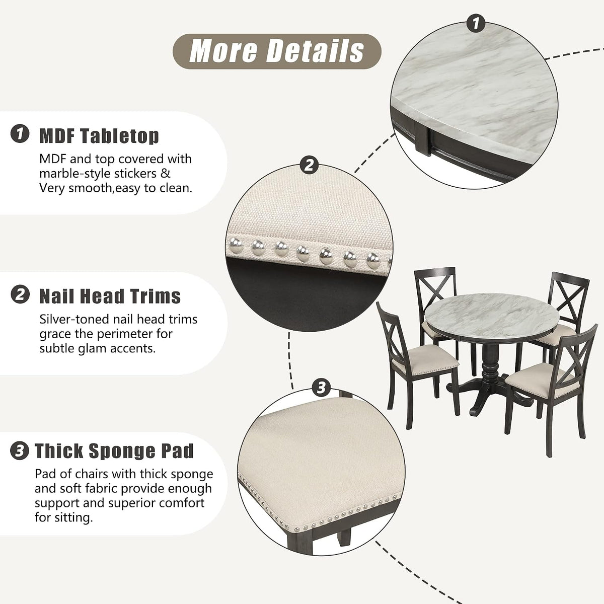 LUMISOL Round Dining Table Set for 4, Farmhouse Kitchen Table Set with Faux Marble Table Top & 4 Upholstered Chairs for Kitchen, Dining Room, Small Space, Muddy Gray