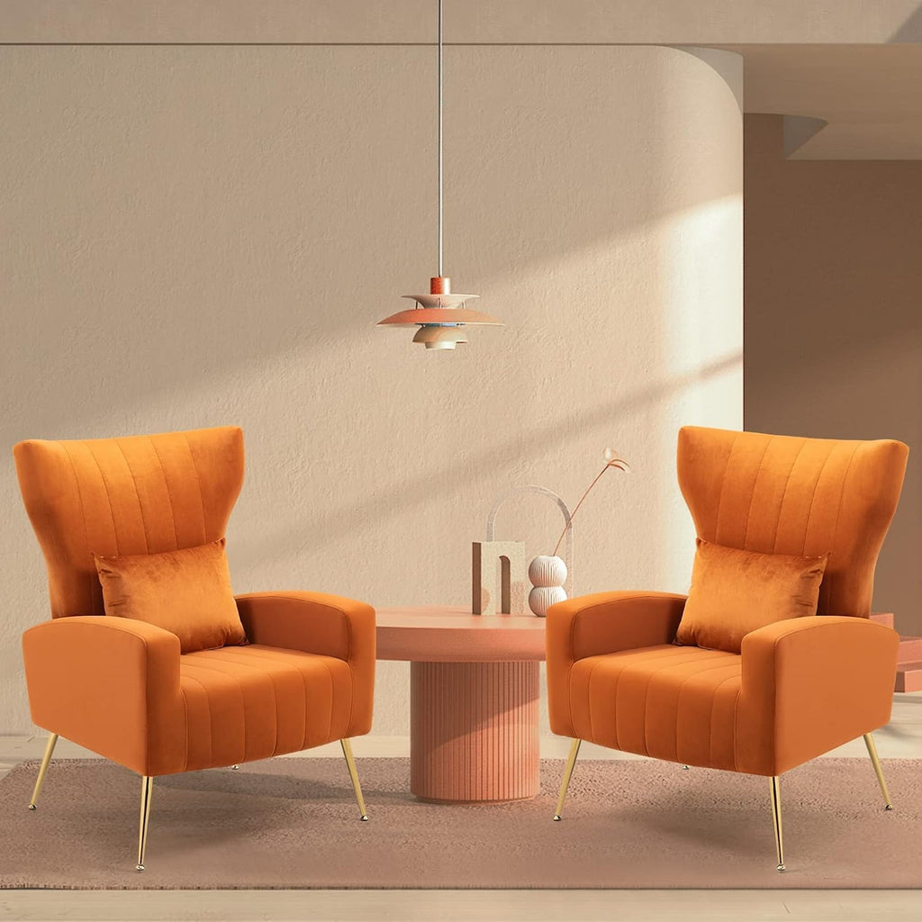 Modern Accent Chairs Set of 2, Wingback Chair with Arm & Gold Legs, Living Room Bedroom Side Chair with Lumbar Pillow, Velvet Upholstered, Channel Tufted, Orange