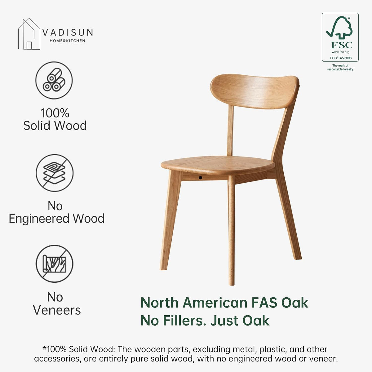 Oak Dining Chairs, Kitchen Chairs, 100% Solid Wood Modern Dinner Chair with Curved Backrest, Dining Room Chair for Kitchen, Living Room, Study (1PK, Natural)