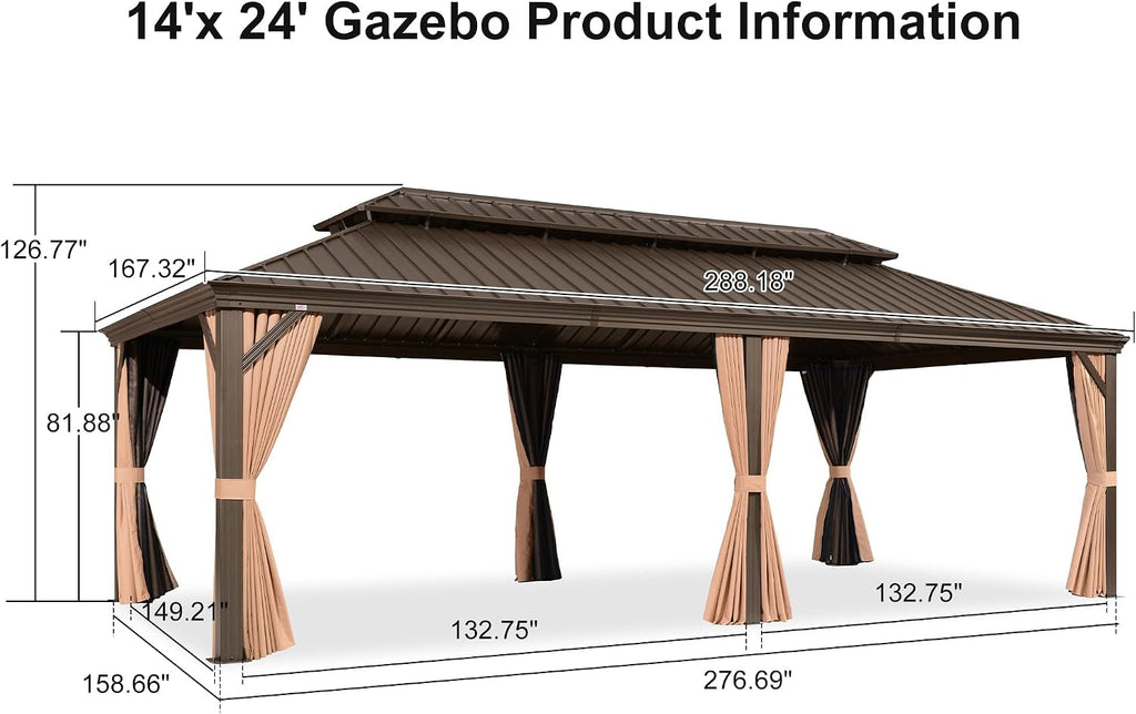 PURPLE LEAF Patio Hardtop Gazebo 14' x 24' Bronze Frame Double Roof Khaki