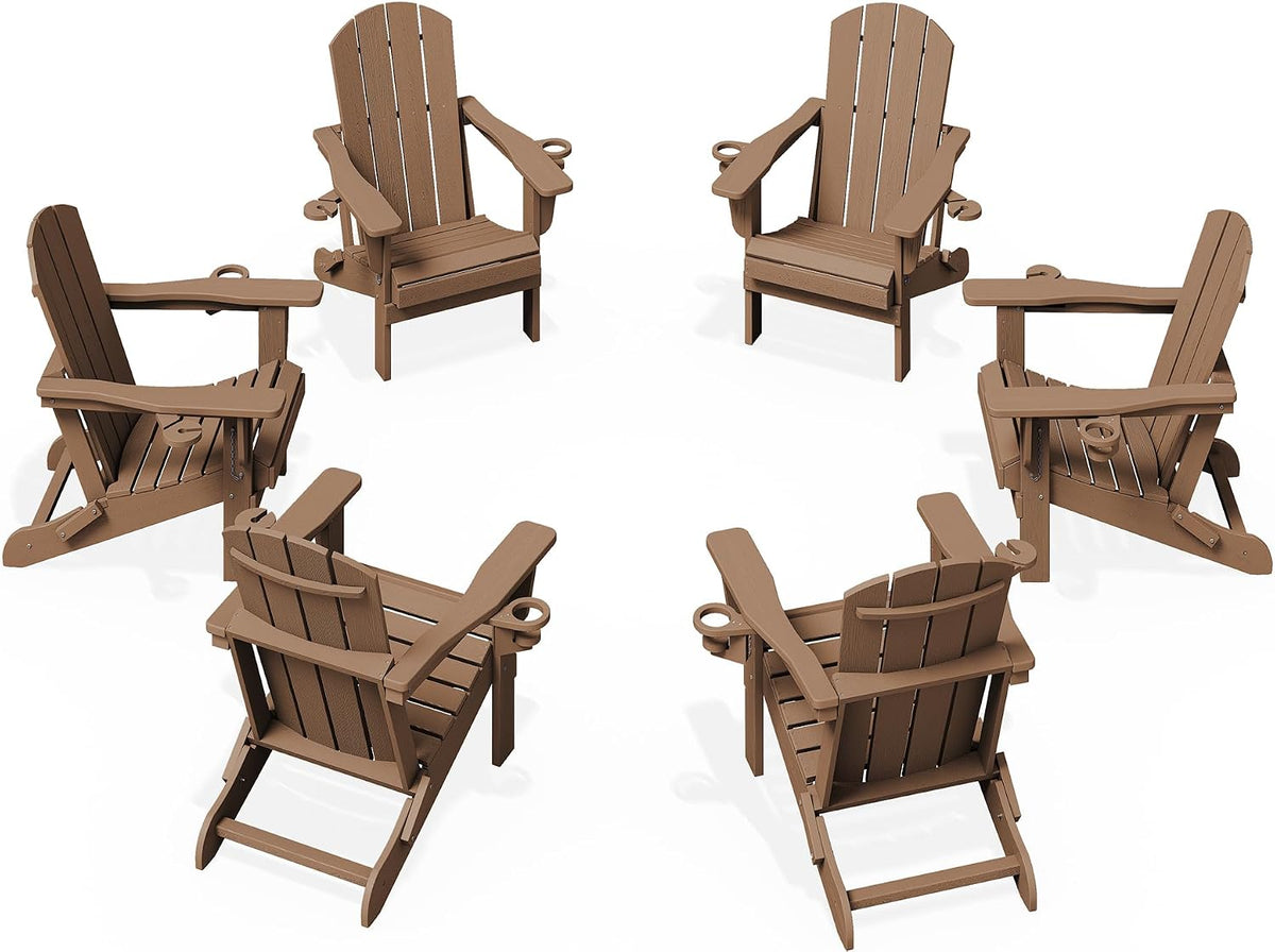 KINGYES Folding Adirondack Chair Set of 6 with 2 Cup Holders, Brown