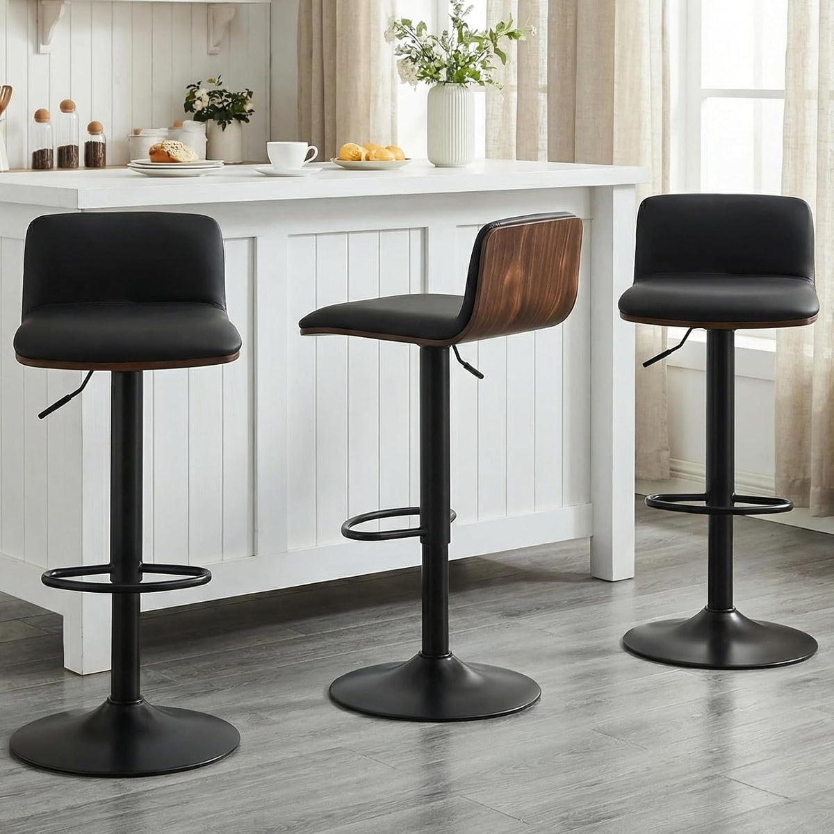 Adjustable Height Swivel Bar Stools Set of 3, Faux Leather, Black