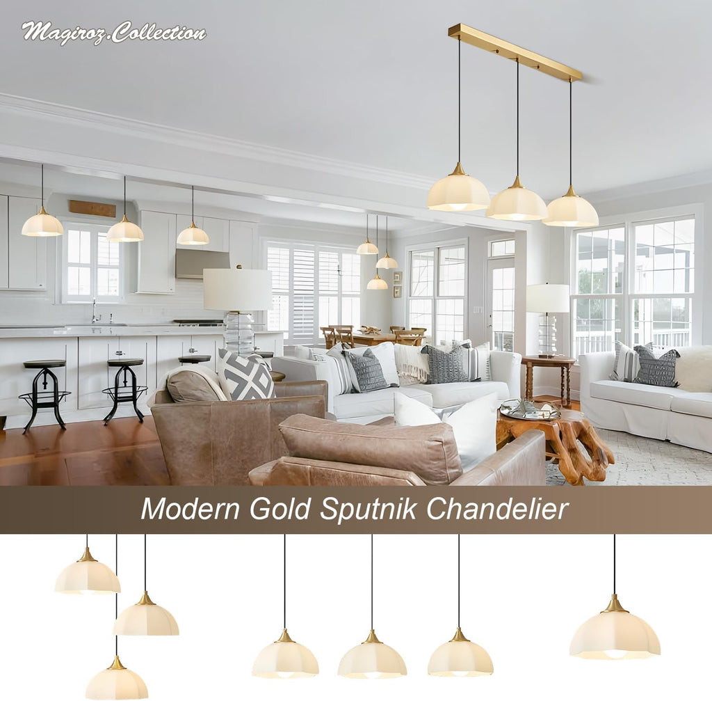 milk glass pendant light 2-pack, brushed gold dome, side view