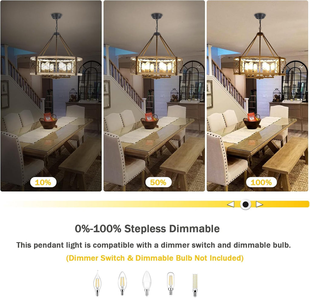 21.6” White Farmhouse Chandelier, 6-Light Wood Grain Finish Chandelier
