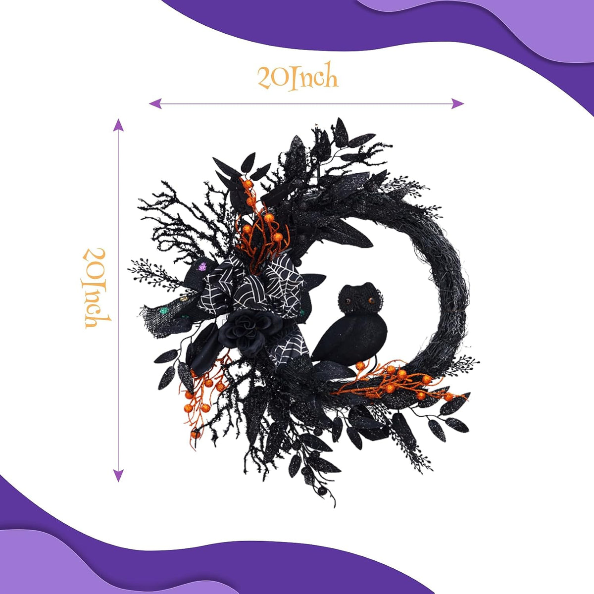 20 in Halloween Owl Wreath, Halloween Garland with Natural Vines and Black Artificial Roses for Door Porch Wall, Outdoor or Indoor Party Home Decor