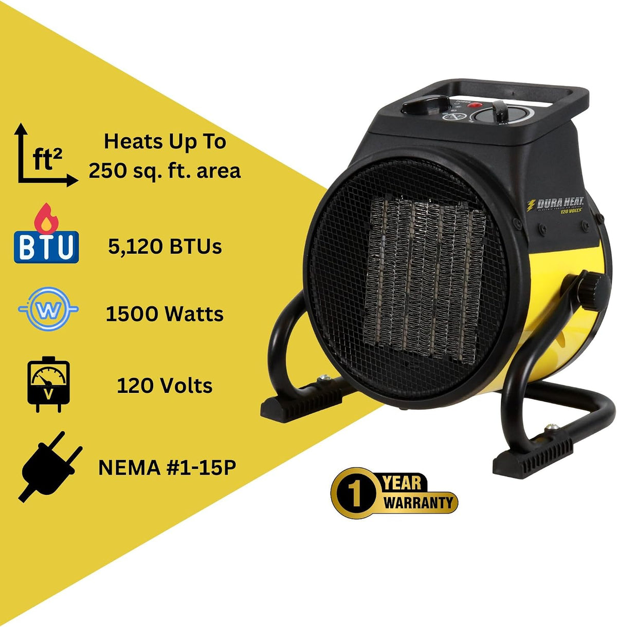 Dura Heat EUH1465 Electric Forced Air Heater with Pivoting Base 5,120 BTU, Yellow