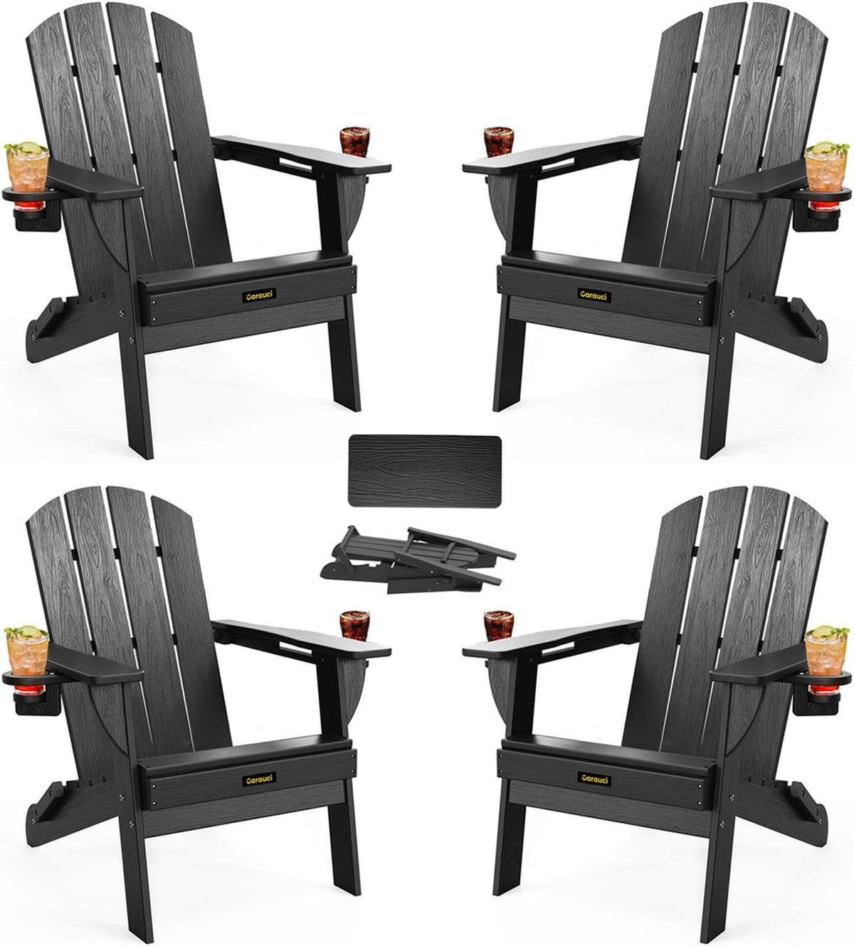 Folding Adirondack Chair Set of 4, Wooden Textured Plastic Adirondack Chairs with 2 Cup Holder, Weather Resistant HDPE Fire Pit Chair, Outdoor Patio Chairs for Garden, Backyard, Lawn, Deck, Black