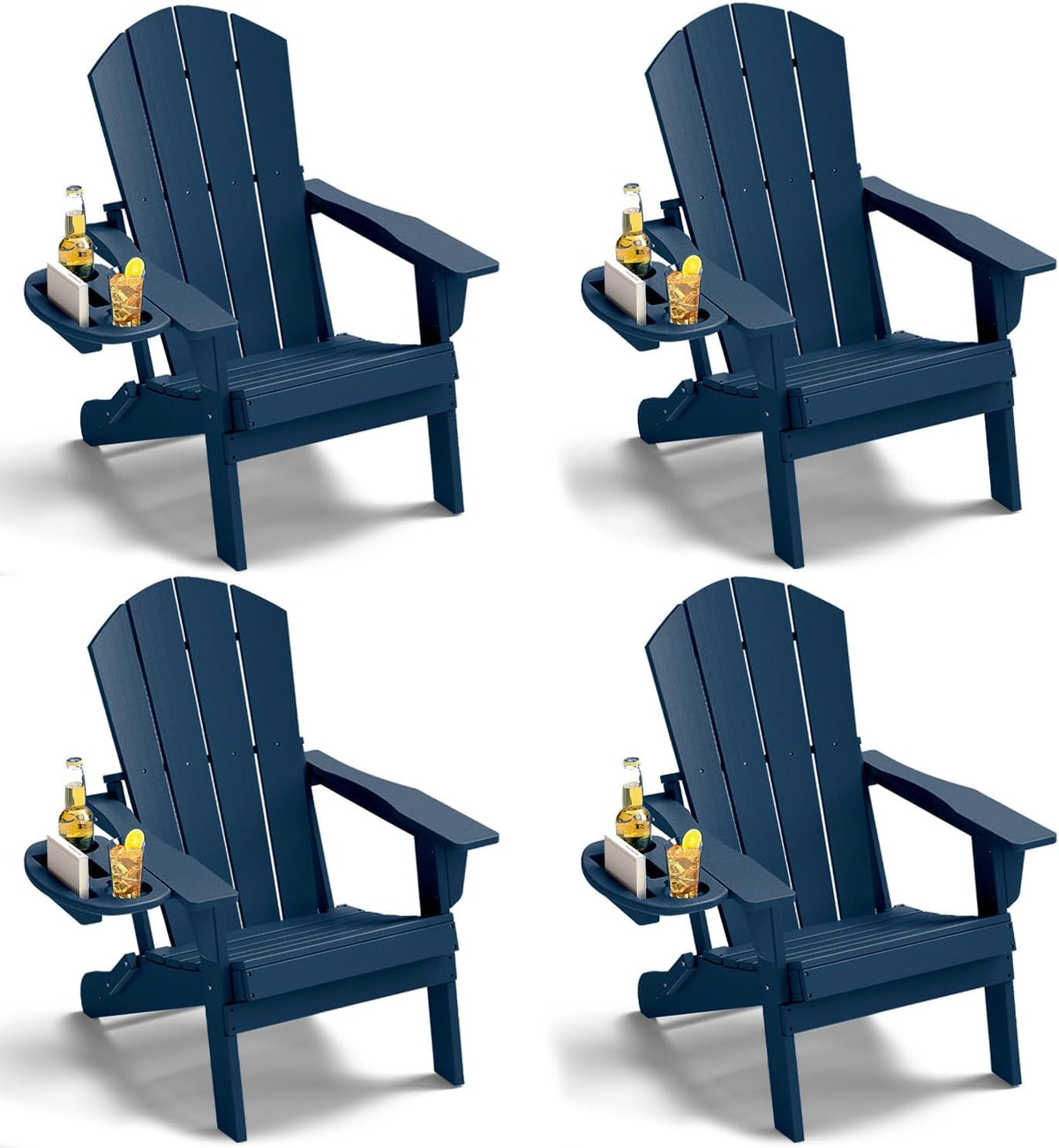NAVINE Folding Adirondack Chairs Set of 4 with 4-in-1 Cup Holder, Navy Blue