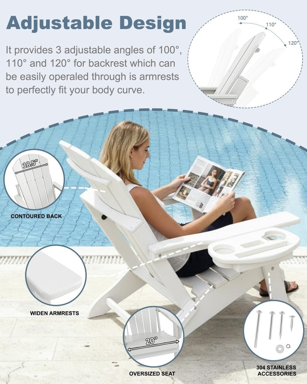 NAVINE Adjustable Adirondack Chairs Set of 4 with Cup Holders, White