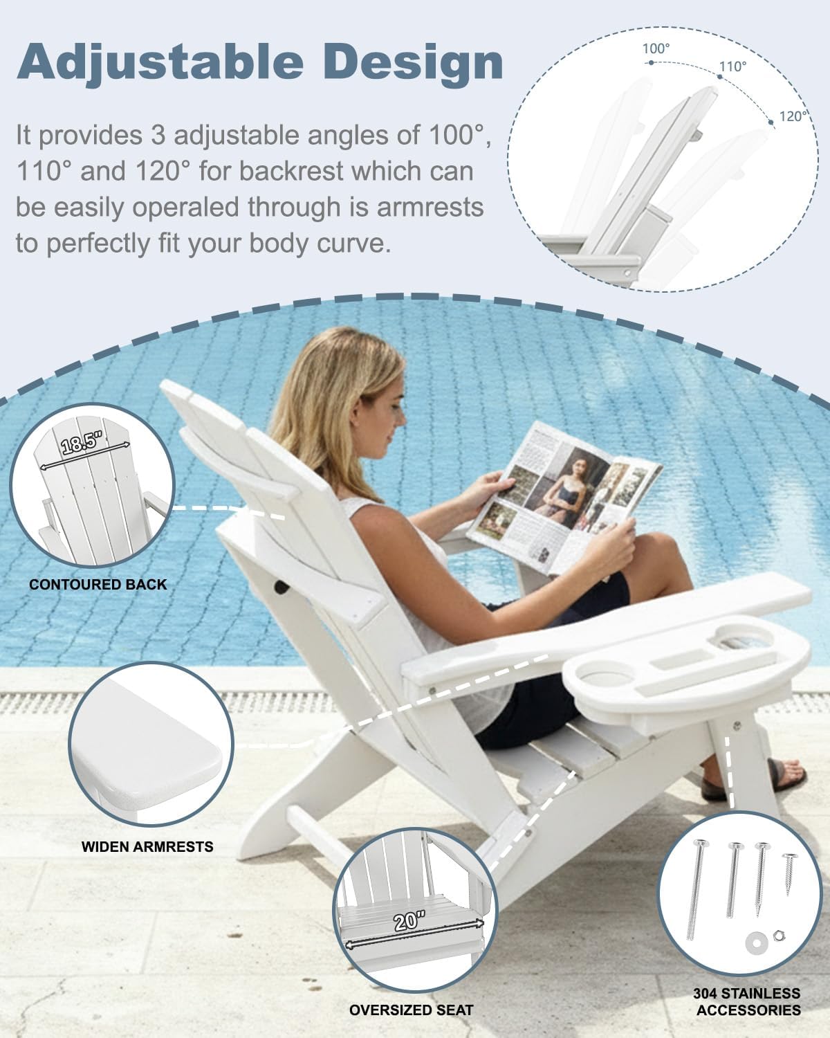 NAVINE Adjustable Adirondack Chairs Set of 4 with Cup Holders, White