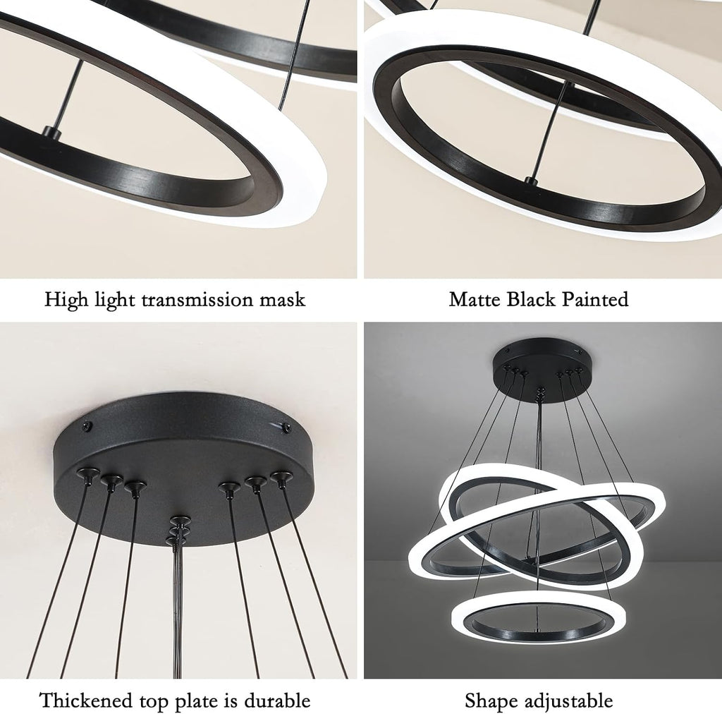O'NEELDY Modern 3 Ring LED 52W Black Pendant Light with Irregular Ring Lights Adjustable Hanging Lamp for Dining Room Bedroom Kitchen Island Cafe