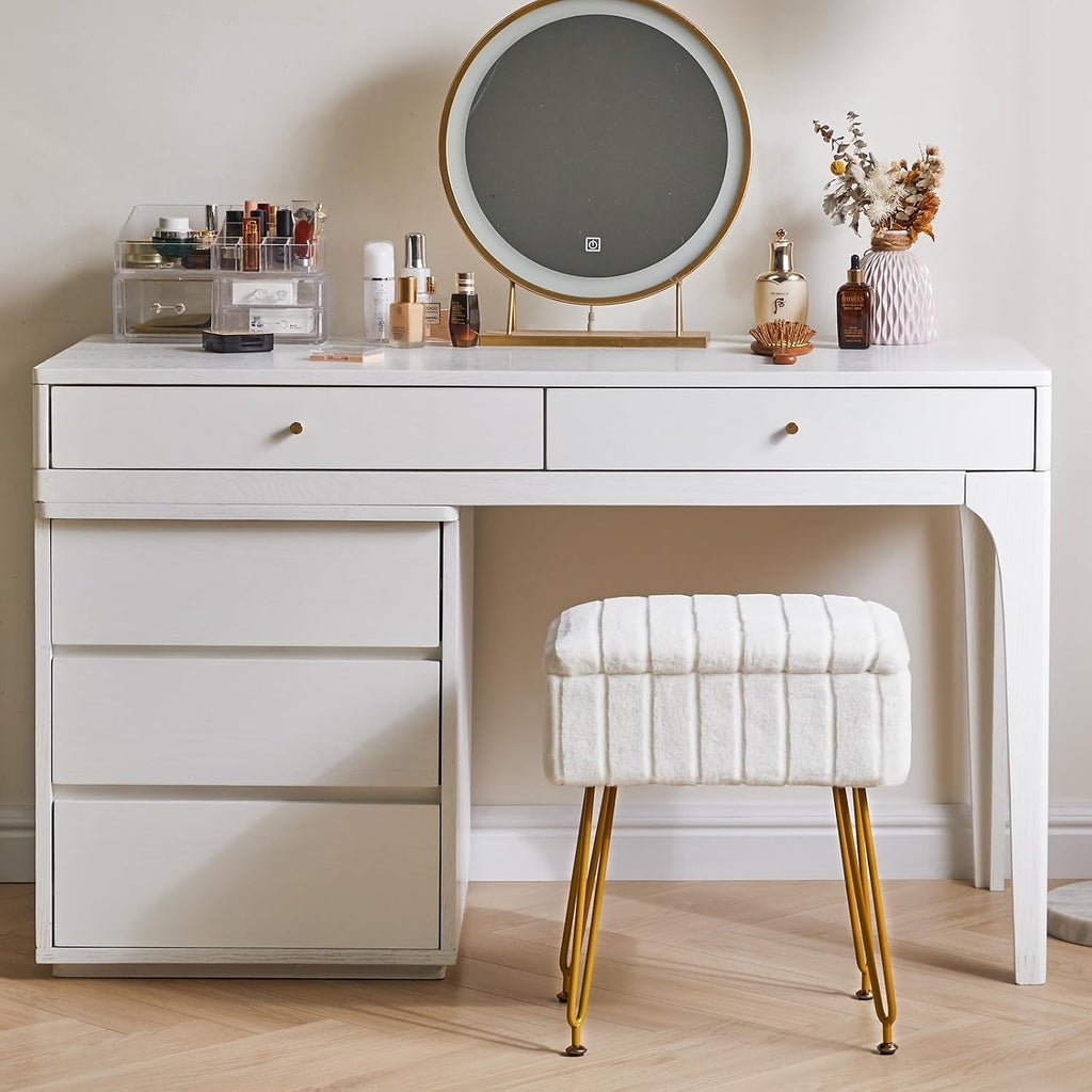 IBUYKE Vanity Chair with Storage, Faux Fur Footrest Ottoman, White LG-50W