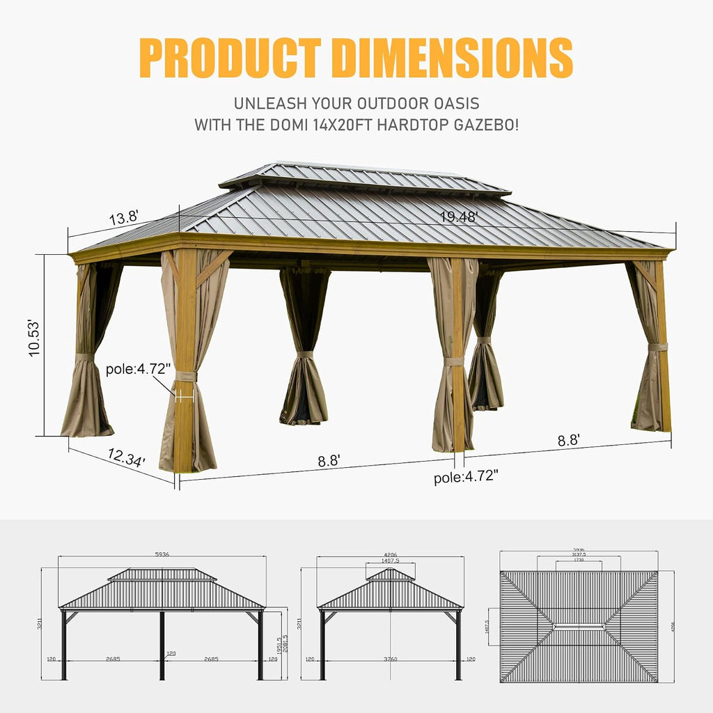 Domi 14x20 Hardtop Gazebo Aluminum Frame, for Outdoor Patios, Wood Looking
